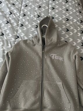 Men's Taupe Zip-Up Hoodie with Stud Accents